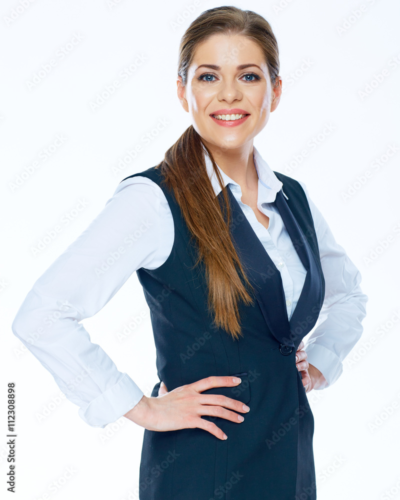 Smiling bisiness woman white shirt and vest dressed. Smiling bisiness woman white shirt and vest dressed.