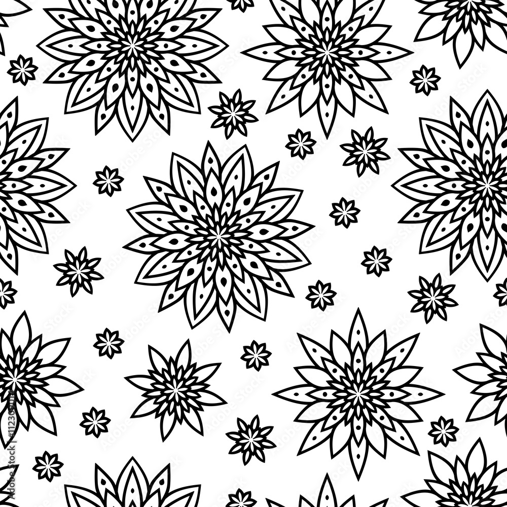 Floral seamless pattern black and white. Fabulous flowers. Vector pattern.