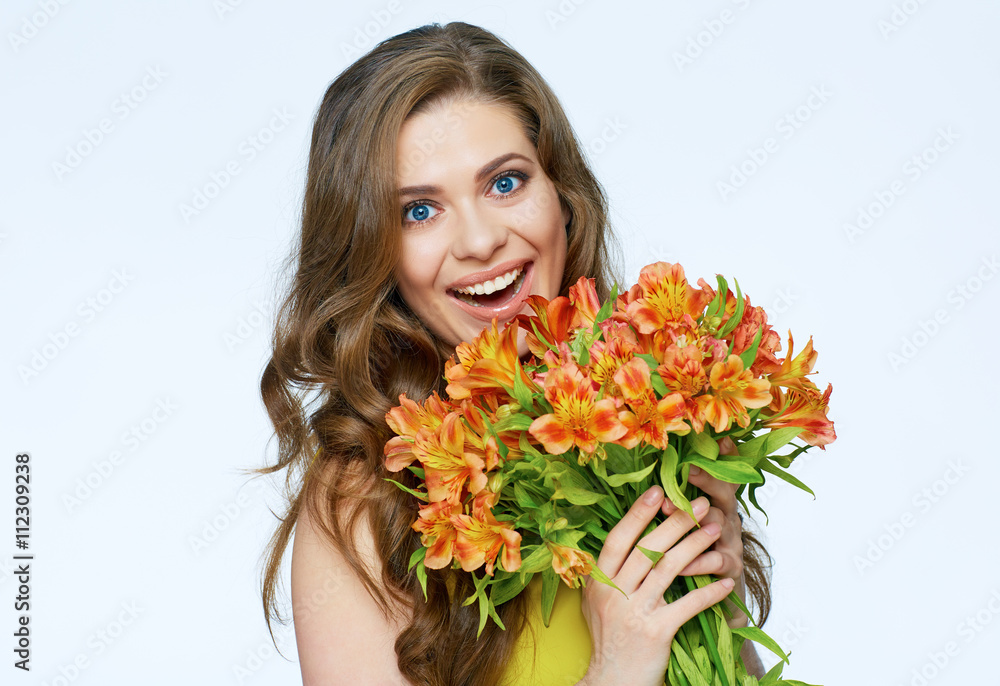 Close up face portrait of young woman with flowers. Close up face portrait of young woman with flowers.
