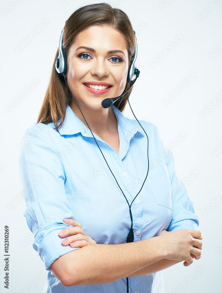 Call center female worker operator. Woman Assistant isolated po