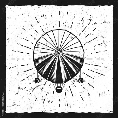 Vintage airship background. Retro Dirigible balloon grunge poster template. Steampunk vector design. Steam punk old sketching style. Use as brochure, poster for web design or tee design, t-shirt print