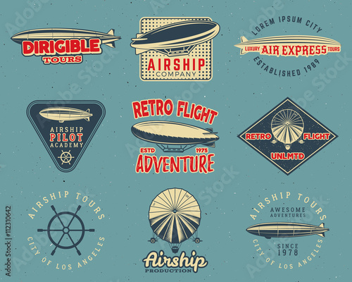 Vintage airship logo designs set. Retro Dirigible badges collection. Airplane Label vector design. Old airship design. Use as fly logos, labels, stamps, patches for web design, tee design, t-shirt.