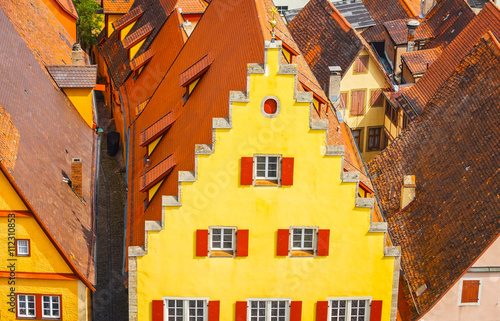 traditional houses, Bavarian style, aerial view, buildings of Rothenburg ob der Tauber, Bavaria, Germany.