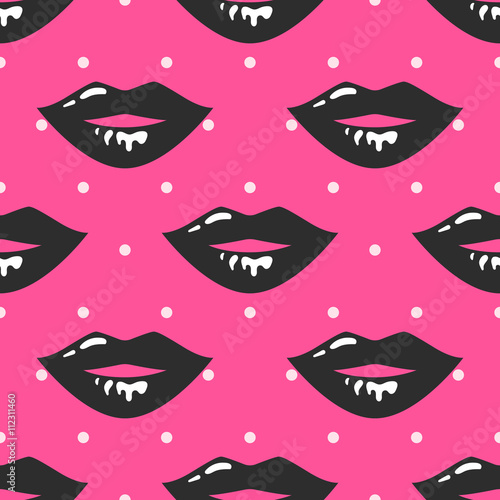 Pin up girl style wet lipstick lips seamless vector pattern. Rose pink and black colors on polka dot hot pink background. Pop art retro style. Glossy lips.