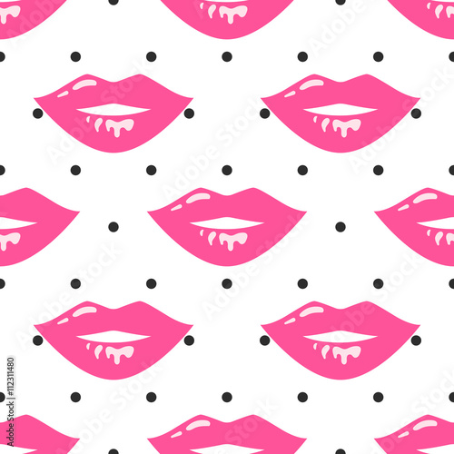 Pin up girl style wet lipstick lips seamless vector pattern. Rose hot pink and black colors on polka dot white background. Pop art retro style.