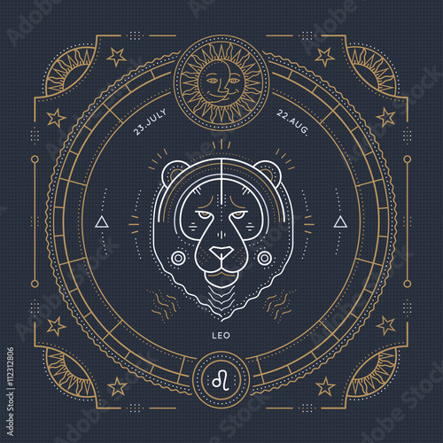 Vintage thin line Leo zodiac sign label. Retro vector astrological symbol, mystic, sacred geometry element, emblem, logo. Stroke outline illustration.