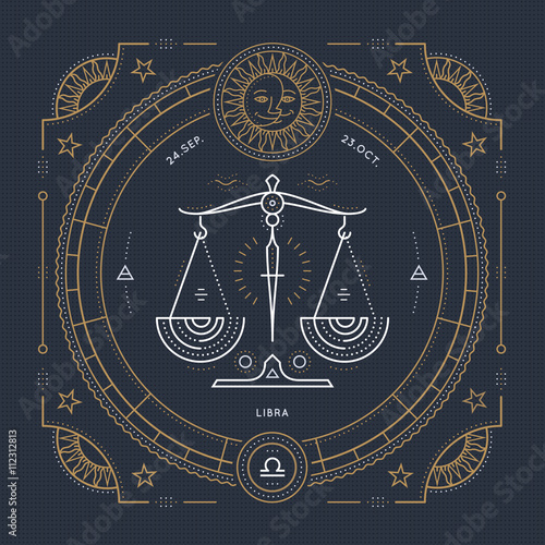 Vintage thin line Libra zodiac sign label. Retro vector astrological symbol, mystic, sacred geometry element, emblem, logo. Stroke outline illustration.