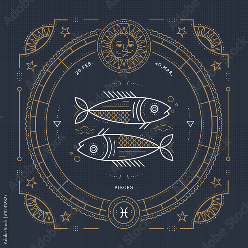 Vintage thin line Pisces zodiac sign label. Retro vector astrological symbol, mystic, sacred geometry element, emblem, logo. Stroke outline illustration.