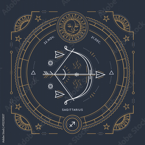 Vintage thin line Sagittarius zodiac sign label. Retro vector astrological symbol, mystic, sacred geometry element, emblem, logo. Stroke outline illustration.