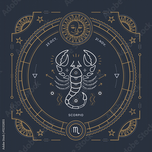 Vintage thin line Scorpio zodiac sign label. Retro vector astrological symbol, mystic, sacred geometry element, emblem, logo. Stroke outline illustration.