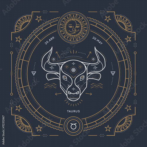 Vintage thin line Taurus zodiac sign label. Retro vector astrological symbol, mystic, sacred geometry element, emblem, logo. Stroke outline illustration.
