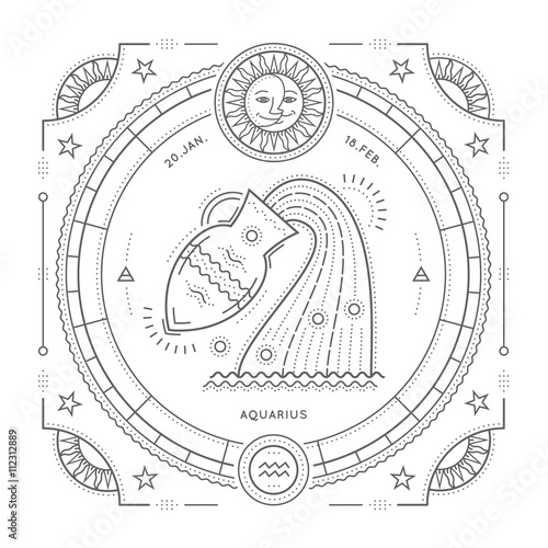Vintage thin line Aquarius zodiac sign label. Retro vector astrological symbol, mystic, sacred geometry element, emblem, logo. Stroke outline illustration. Isolated on white background.