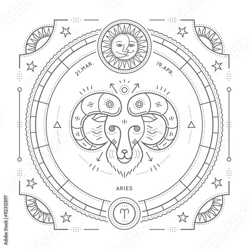 Vintage thin line Aries zodiac sign label. Retro vector astrological symbol, mystic, sacred geometry element, emblem, logo. Stroke outline illustration. Isolated on white background.
