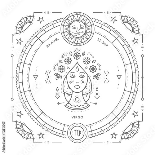 Vintage thin line Virgo zodiac sign label. Retro vector astrological symbol, mystic, sacred geometry element, emblem, logo. Stroke outline illustration. Isolated on white background.