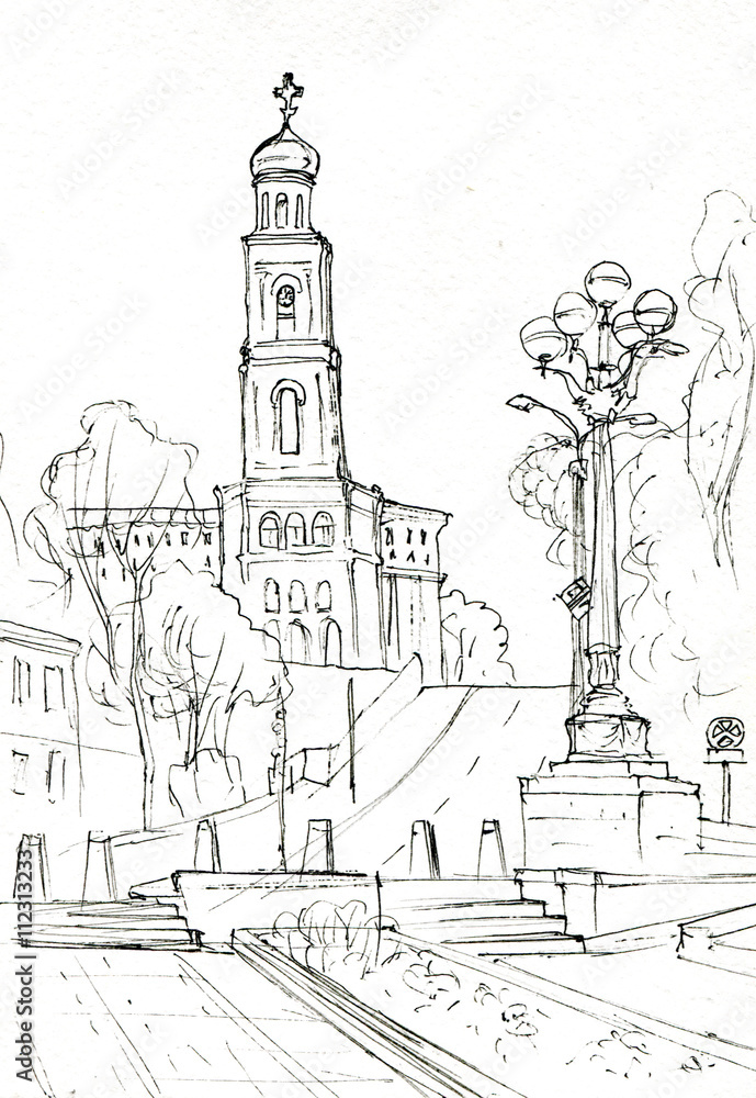 Sketch of a city street with a bell tower