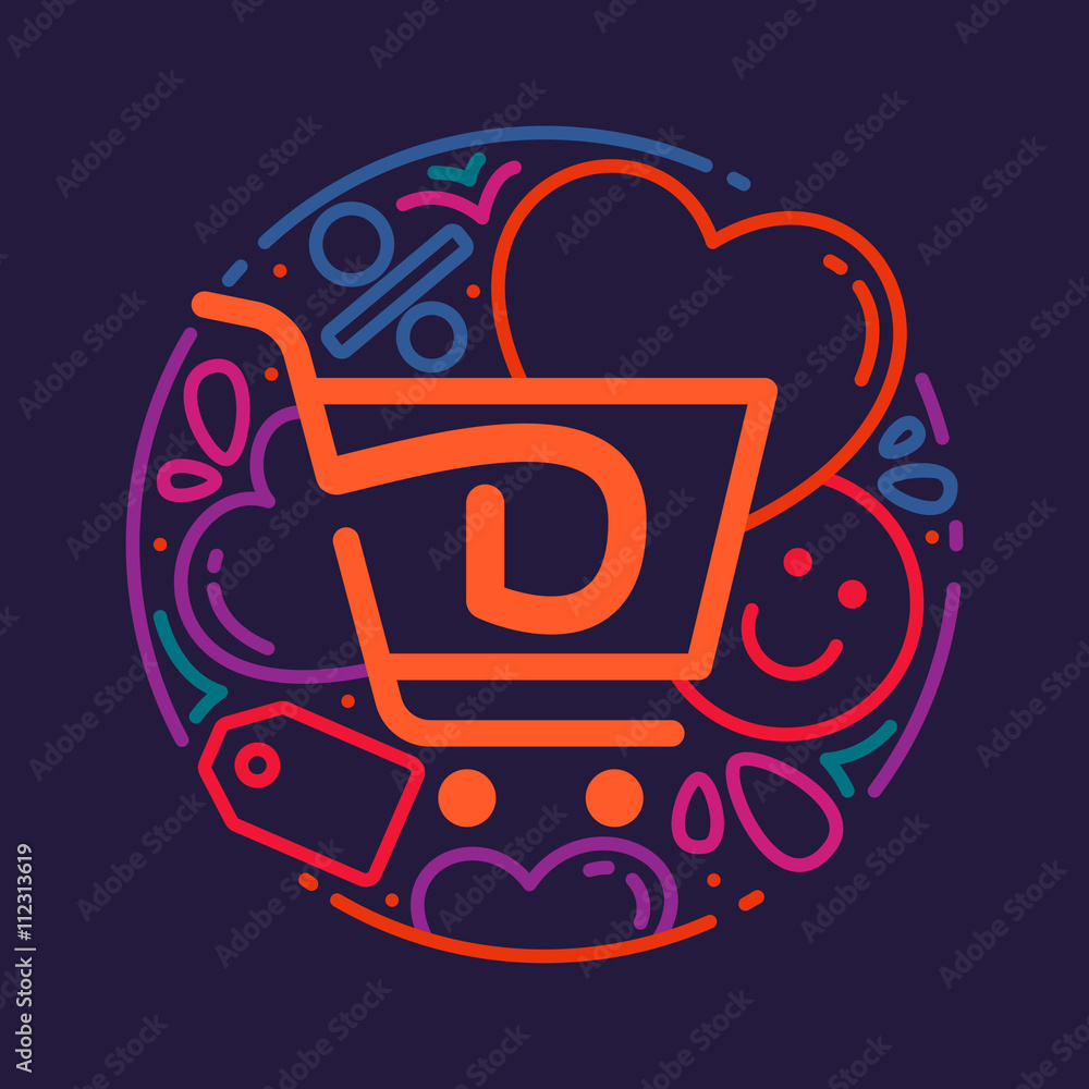 D letter logo with shopping cart icon, hearts and smile.