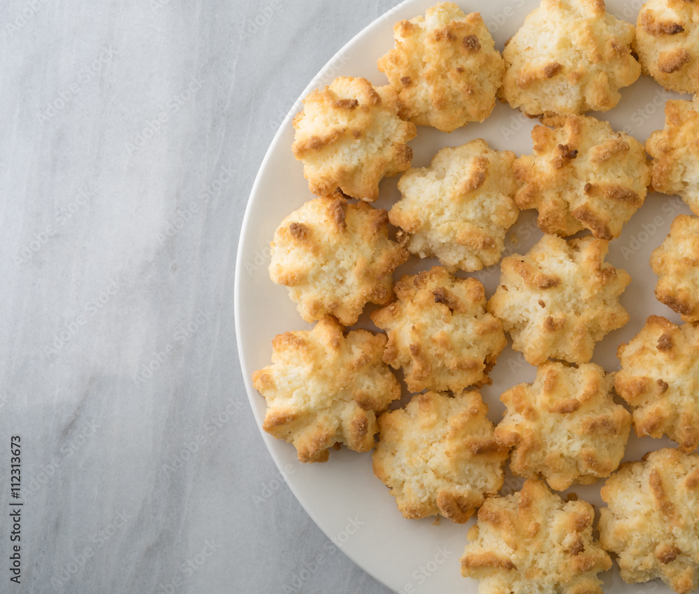 Close view of sugar free coconut macaroons on a plate Close view of sugar free coconut macaroons on a plate