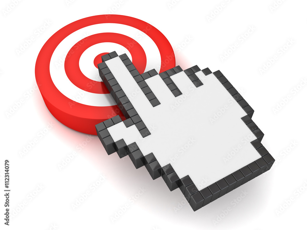 Hand cursor mouse computer clicking in the center of the red dart board or target concept isolated over white background with shadow. 3D rendering. Hand cursor mouse computer clicking in the center of the red dart board or target concept isolated over white background with shadow. 3D rendering.