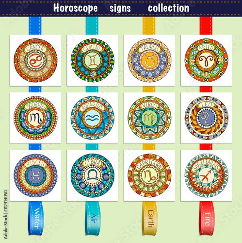 Zodiac signs theme. Set of mandalas with libra zodiac signs. Zen