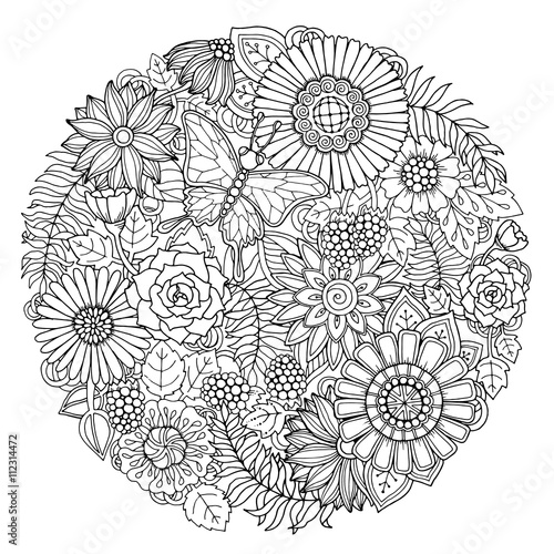 Circle summer doodle flower ornament with butterfly. Hand drawn