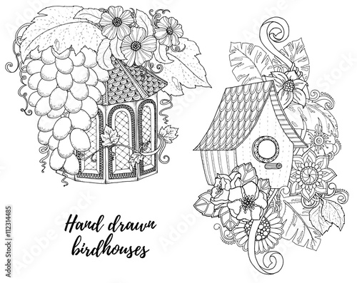 Black and white wood nesting box. Hand drawn outline nesting box