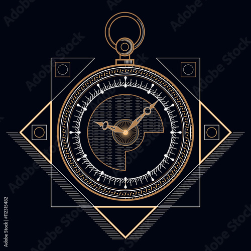 Golden pocket clock, Head drawn geometric shapes, thin line.
