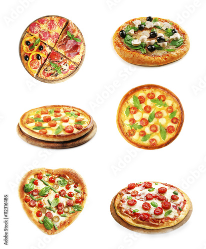 Collage of different pizzas isolated on white