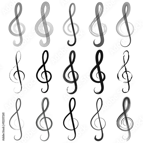Set treble clef in different styles, sheet music treble clef in vector for print or design
