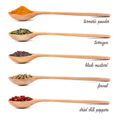 Fototapete Gewürze Collection of spices in wooden spoons, isolated on white  © Africa Studio