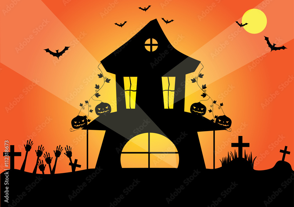 Halloween night background with pumpkins and black bat, illustration