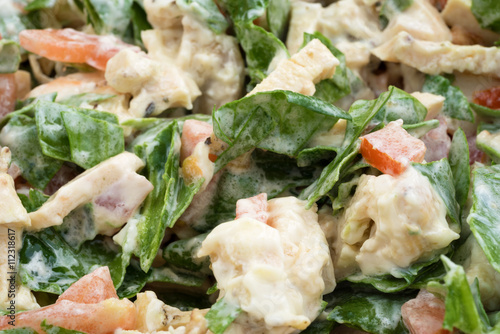 Chunks of chicken breast with spinach and tomatoes