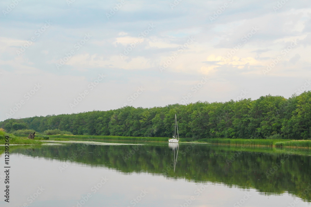Landscape with yacht in the river Landscape with yacht in the river