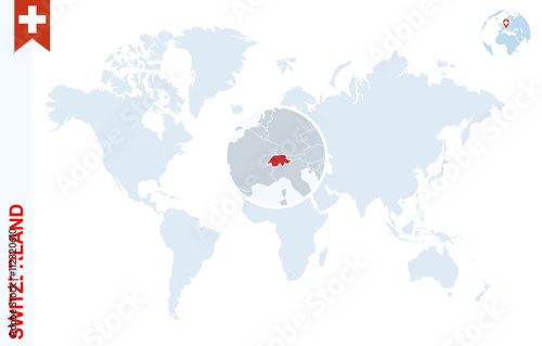 Blue world map with magnifying on Switzerland.