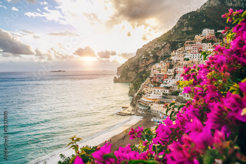 View of the town of Positano with flowers, Amalfi Coast, Italy  photo
