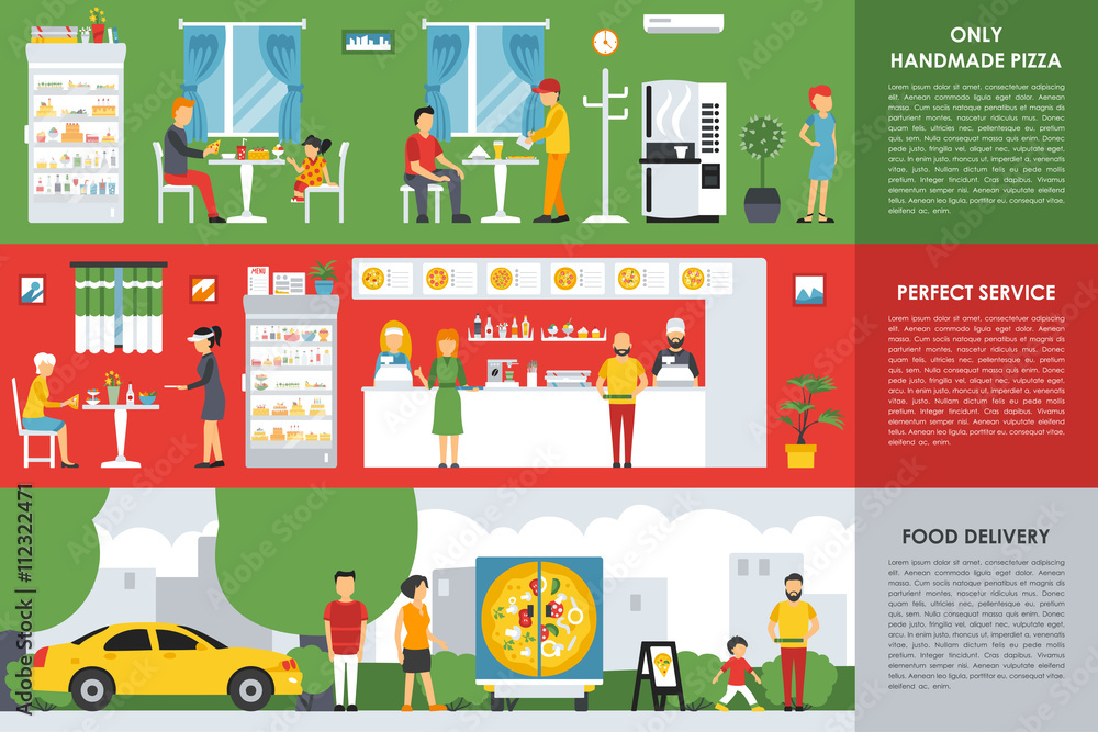 Only Handmade Pizza, Perfect Service and Food Delivery flat concept web vector illustration. Pizzeria Restaurant interior presentation. Only Handmade Pizza, Perfect Service and Food Delivery flat concept web vector illustration. Pizzeria Restaurant interior presentation.