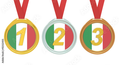 Gold, Silver and Bronze medals with Italy flag, 3D rendering