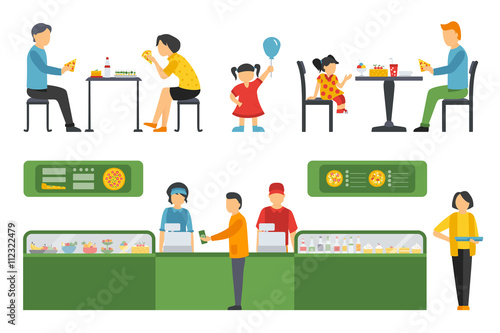 People in a Pizzeria Restaurant interior flat icons set. Pizza concept web vector illustration. 