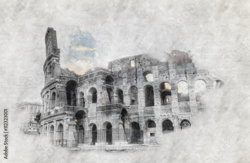 Photography Hand-drawing sketch of the colosseum in Rome