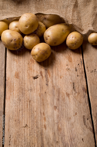 potatoes in burlap sack on wooden background