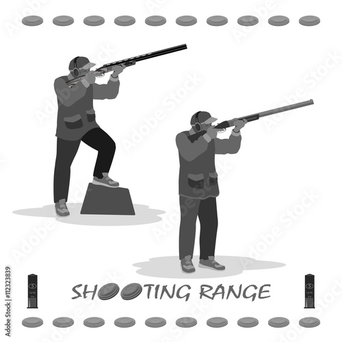 man shoots at a flying pigeon with a rifle. on his feet running shoes, a cap on his head. rifle, clay plates