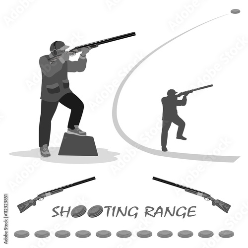 man shoots at a flying pigeon with a rifle. on his feet running shoes, a cap on his head. rifle, clay plates