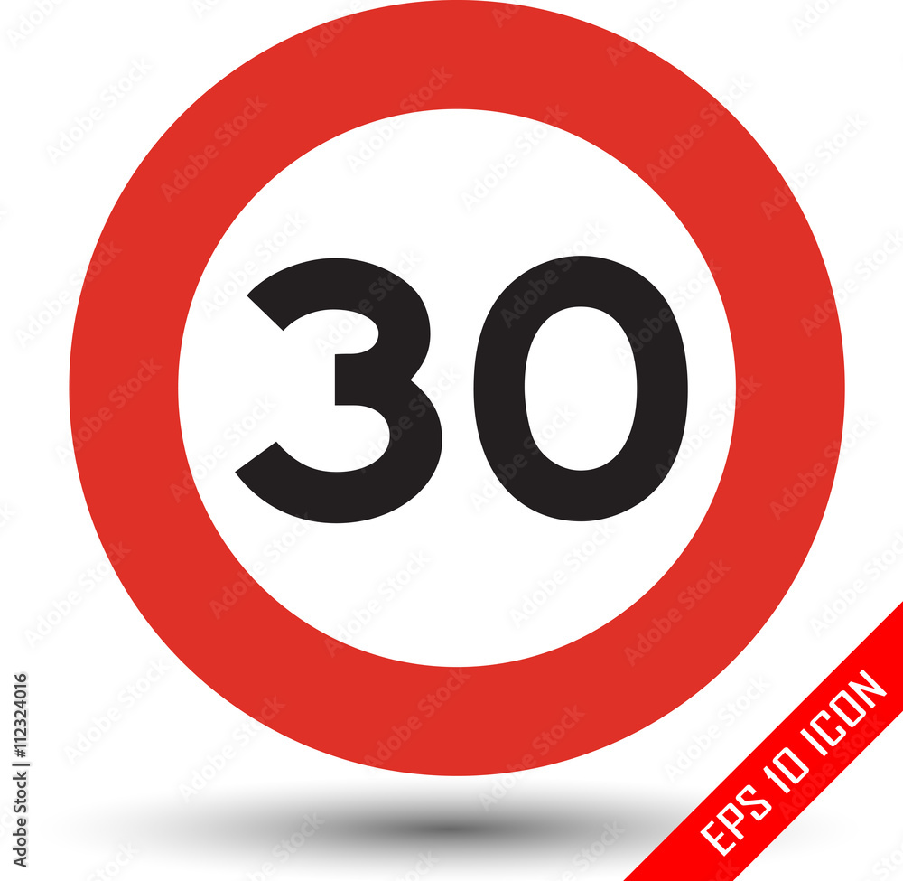 Speed Limit Sign. Speed limit 30 icon. Isolated illustration of circle speed limit sign with red border. Speed Limit Sign. Speed limit 30 icon. Isolated illustration of circle speed limit sign with red border.