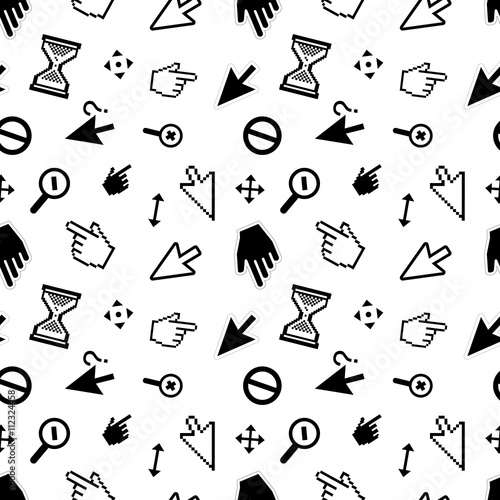 Computer arrow cursors on white, seamless pattern