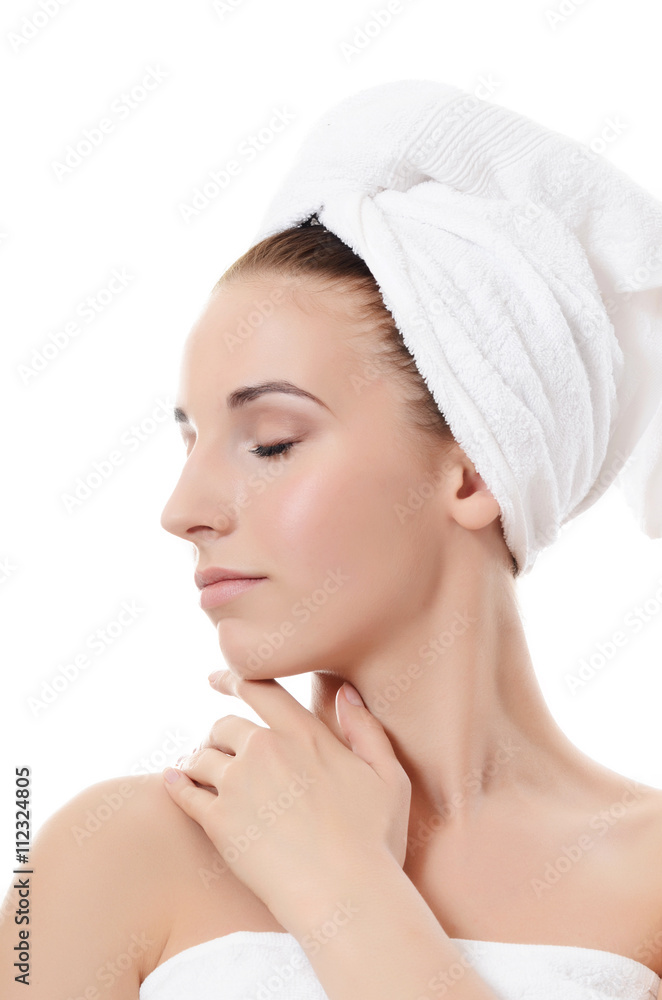 Spa beautiful woman isolated on white background.Touches the fac Spa beautiful woman isolated on white background.Touches the fac