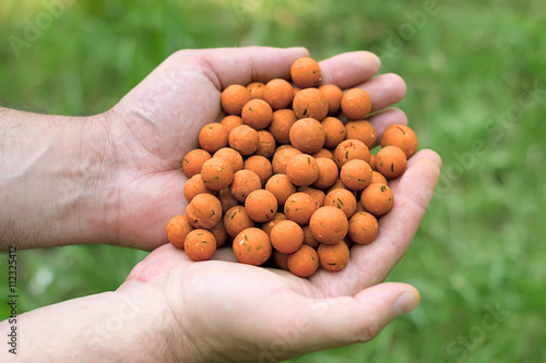 Boilies Big Carp Fishing Bait, Hand holding boilies
selective focus shallow depth of field
 photo