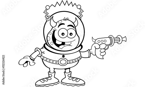 Black and white illustration of a space alien holding a ray gun.