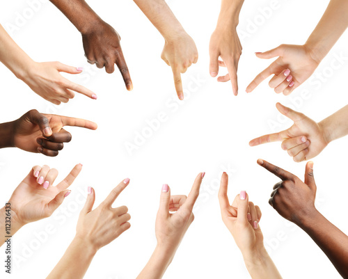 Set of different hands touching or pointing to something, isolated on white photo