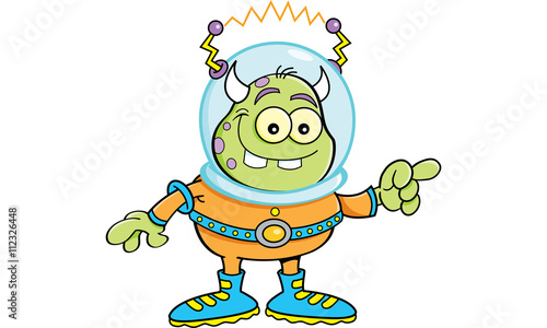 Cartoon illustration of an alien pointing.