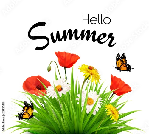 Fototapeta Naklejka Na Ścianę i Meble -  Happy summer holidays background with flowers and butterflies. V