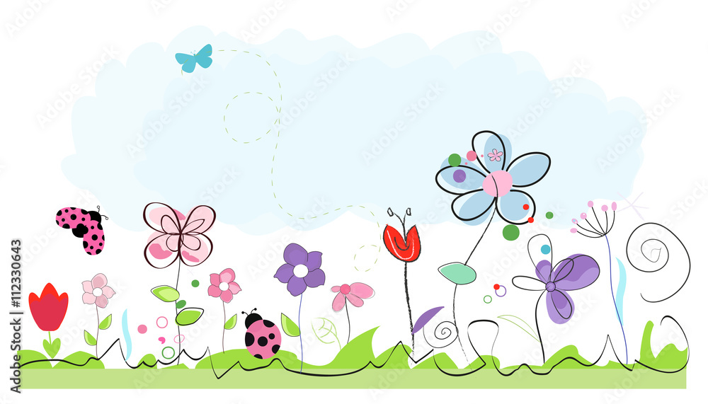 Fototapeta premium Summer time abstract colorful doodle flowers vector background
